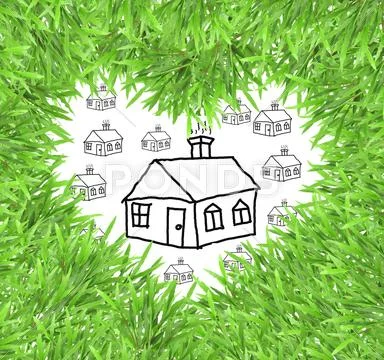 Isolated green heart grass photo frame with home sketch Stock Photos