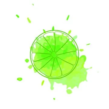 Isolated green outline slice of lime on yellow green watercolor spot of juice Stock Illustration