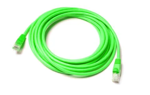 Isolated green patch cord internet cable on white background Stock Photos