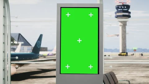 Isolated green screen on board in empty waiting lounge at airport Stock Footage 343739197