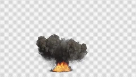 Bomb explosion with fire flames and smoke, isolated on transparent