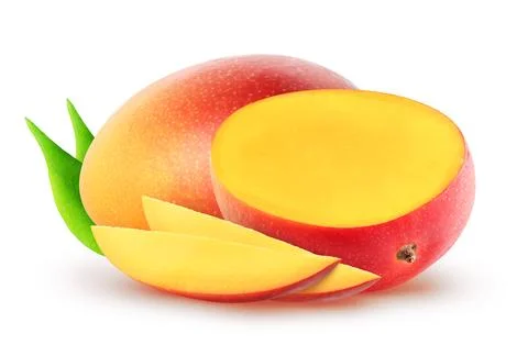 Isolated group of mango. Whole mango fruit, half and slices with leaves isolated Stock Photos