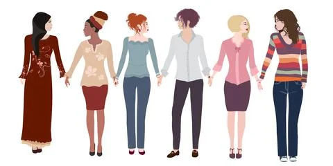 Isolated group of multicultural and multi-ethnic women holding hands. Equal Stock Illustration