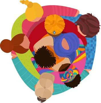 Isolated group of people in circle hugging each other from diverse cultures Stock Illustration