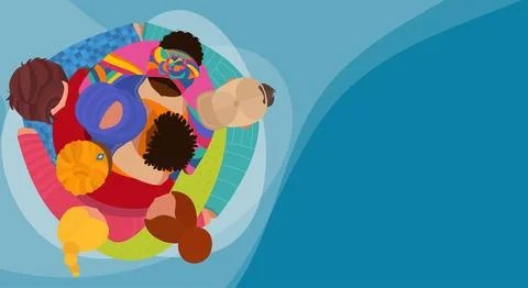Isolated group of people in circle hugging each other from diverse cultures Illustrazione stock
