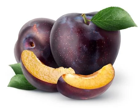 Isolated group of plums. Two whole and two pieces of plum fruit with leaves Stock Photos