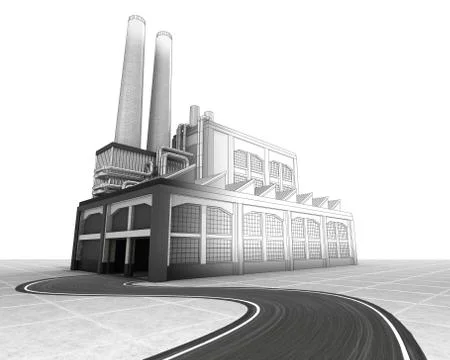 Isolated half wire factory building sketch with road illustration Ilustración de archivo
