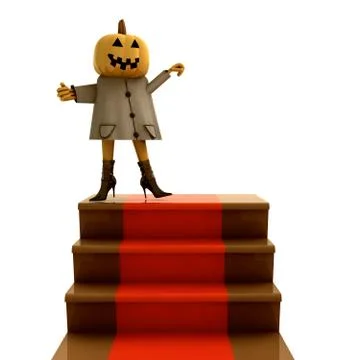 Isolated halloween pumpkin standing on red carpet staircase render 스톡 일러스트
