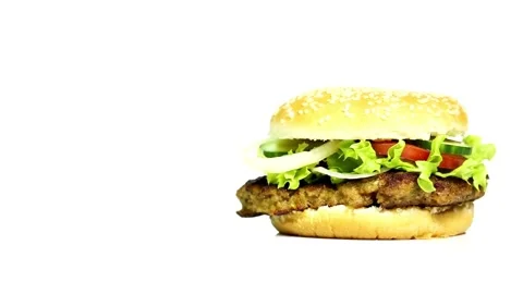 Isolated hamburger rotates on white background, tomatoes. arugula and melted Stock Footage 336578666
