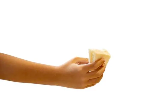 Isolated Hand boy holding the bread sandwich a on a white background with cli Stock Photos