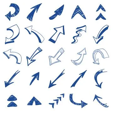 Isolated hand drawn arrows set on a white background. Stock Illustration