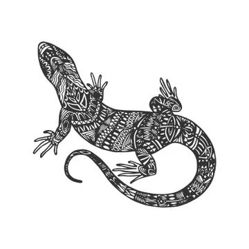 Isolated hand drawn black outline monochrome abstract ornate lizard on white  Stock Illustration