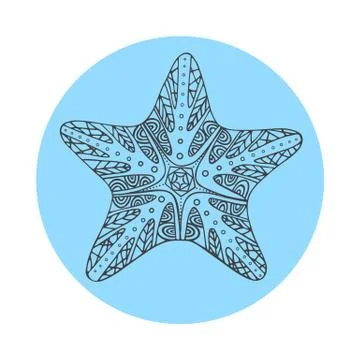 Isolated hand drawn black outline starfish on blue round background. Star orn Stock Illustration