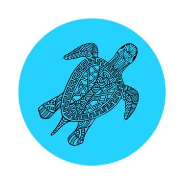Isolated hand drawn black outline turtle on blue round background. Ornament o Stock Illustration