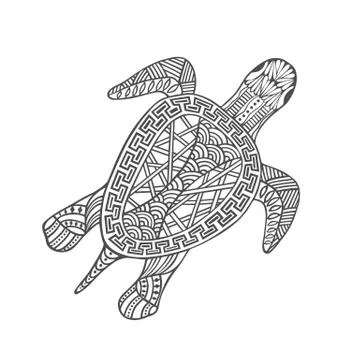 Isolated hand drawn black outline turtle on white background. Ornament of cur Stock Illustration