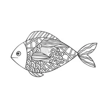 Isolated hand drawn black outline fish on white background. Ornament of curve Stock Illustration