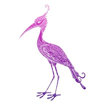 Isolated hand drawn colored abstract ornate bird heron, stork, crane on white Stock Illustration