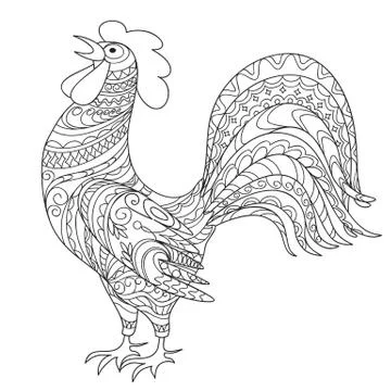 Isolated hand drawn decorated rooster Stock Illustration