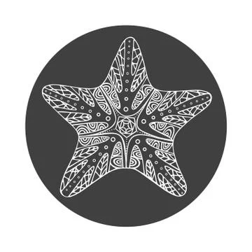 Isolated hand drawn white outline starfish on black round background. Star or Stock Illustration