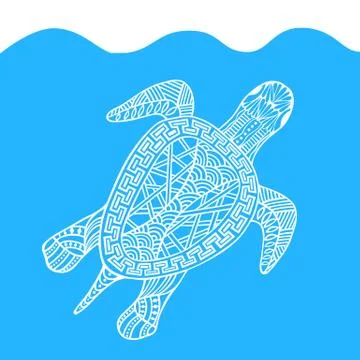 Isolated hand drawn white outline turtle on blue background. Ornament of curv Stock Illustration