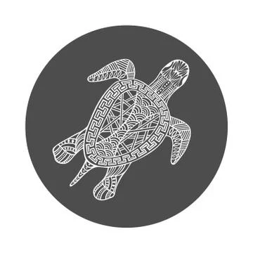 Isolated hand drawn white outline turtle on black round background. Ornament  Stock Illustration