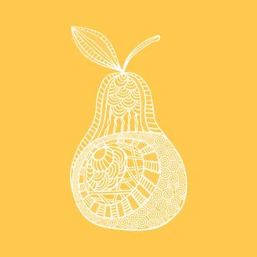 Isolated hand drawn white outline pear on yellow background. Ornament of curv Stock Illustration