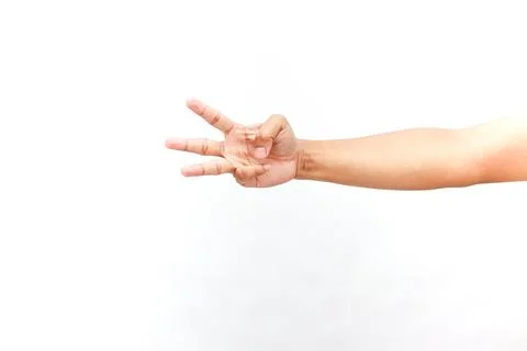 Isolated hand gesturing number three, against simple white background Stock Photos