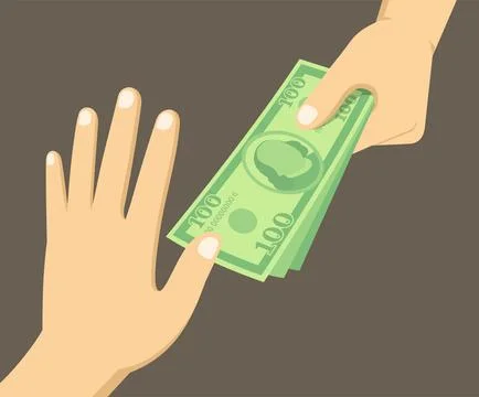 Isolated hand refusing offering bribe. Hand holding american dollars. Stock Illustration