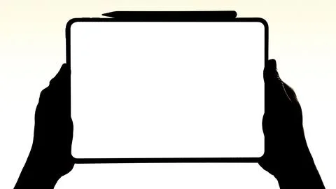 Isolated hands holding tablet with blank white screen mockup for app Stock Illustration