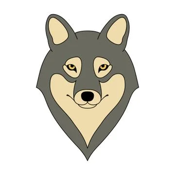 Isolated head of grey wolf on white background. Colored cartoon portrait. Stock Illustration
