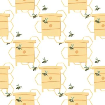 Isolated honey theme seamless pattern. Hand drawn bees, beehives and honeycom Illustrazione stock