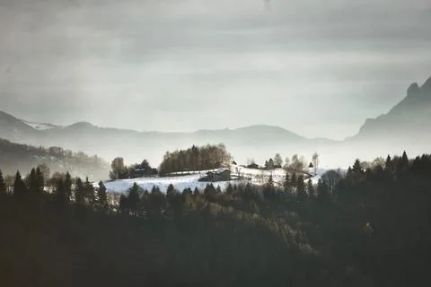 Isolated house in the meadow surrounded by the forest Stock Photos
