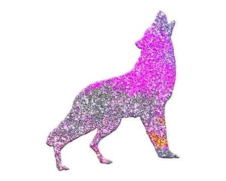 Isolated howling wolf composed of purple glitter on white background 스톡 일러스트