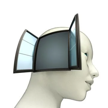 Isolated human head model with open window on side idea concept illustration Illustrazione stock