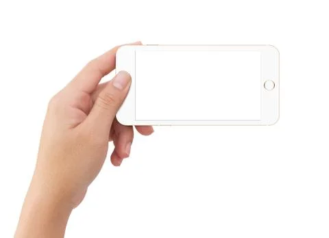 Isolated human left hand holding white mobile phone Illustrazione stock