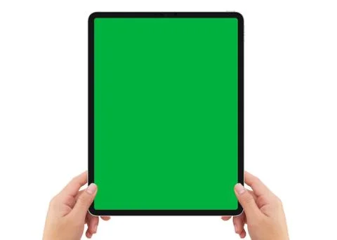 Isolated human left hand holding black tablet with green screen Stock Illustration