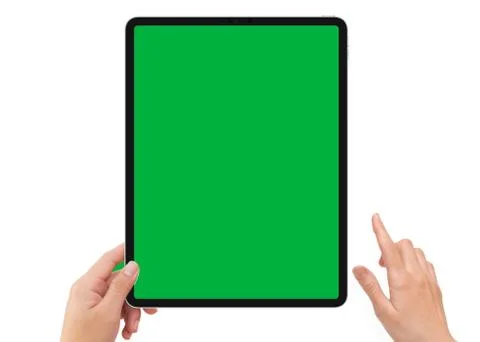 Isolated human left hand holding black tablet with green screen Stock Illustration