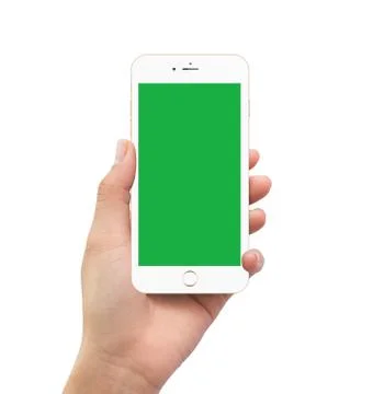 Isolated human left hand holding green screen white mobile smartphone Stock Illustration