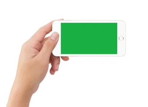 Isolated human left hand holding green screen white mobile phone Stock Illustration