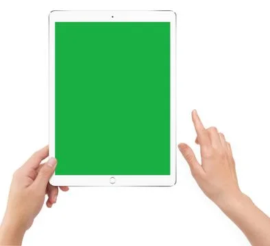 Isolated human left hand holding green screen white tablet computer Stock Illustration