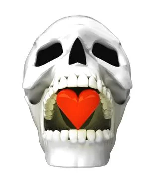 Isolated human skull head with red heart in jaws illustration Stock Illustration