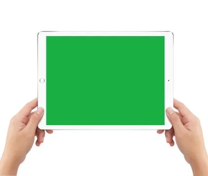 Isolated human two hands holding green screen white tablet computer Stock Illustration