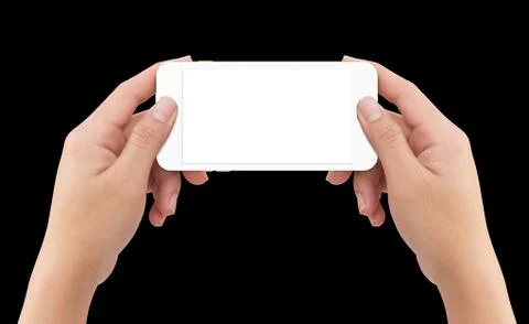 Isolated human two hands holding white mobile smartphone Stock Photos
