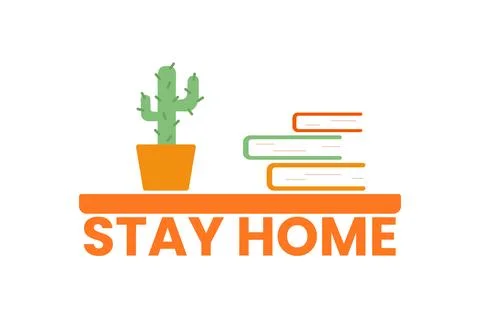 Isolated illustration of a shelf with a cactus, a stack of books and text S.. Stock Illustration