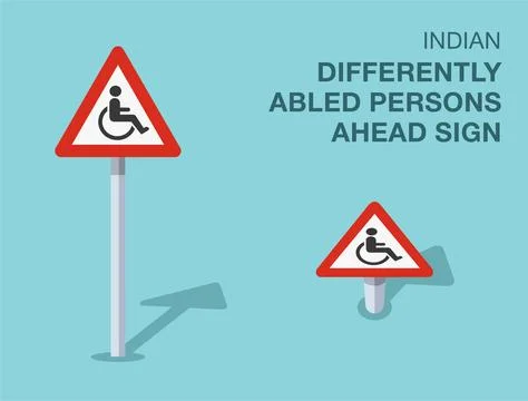 Isolated indian "differently abled persons ahead" road sign. Front and top view. Stock Illustration