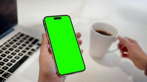 Isolated iPhone Pro 14 Screen, Close Up Isolated Chroma Key Green Screen in Hand Stock Photos