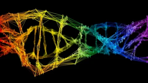 Isolated Iridescent rainbow binary Digital Plexus DNA molecule strand colorful Stock Footage 111697440