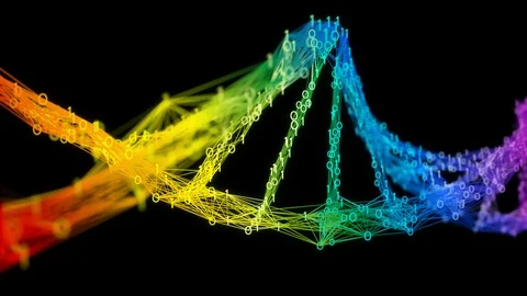 Isolated Iridescent rainbow binary Digital Plexus DNA molecule strand colorful Stock Footage 111698123