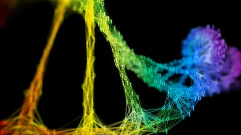 Isolated Iridescent rainbow binary Digital Plexus DNA molecule strand colorful Stock Footage 111698846