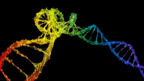 Isolated Iridescent rainbow binary Digital Plexus DNA molecule strand colorful Stock Footage 111699669